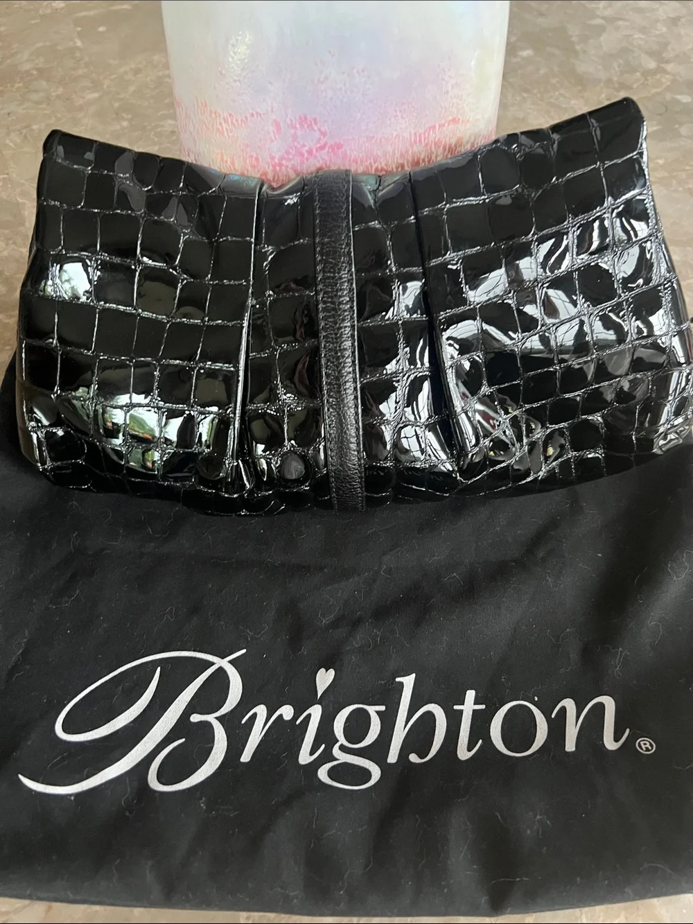 Brighton Black Croc-Embossed Patent Clutch/Crossbody with Silver Accents - Picture 2 of 8